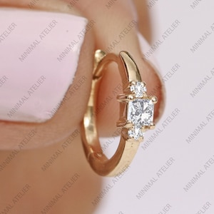 Solid 14K Yellow Gold Trio Daimond Hoops|Moissanite Hoops Earring "Composite Diamond Three Stone Huggie Hoops Earrings| Lab Grown Diamond |