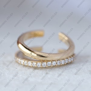 Aros de diamantes de doble banda en oro amarillo de 14 k y joyería fina minimalista con diamantes cultivados en laboratorio o moissanita, un regalo único.