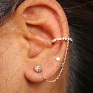 Lab Grown Diamond Cuff Earring, Pave Moissanite Chain Earring, Diamond Dangling Open Hoop Earring, Minimalist Handmade Pretty Gift For Her