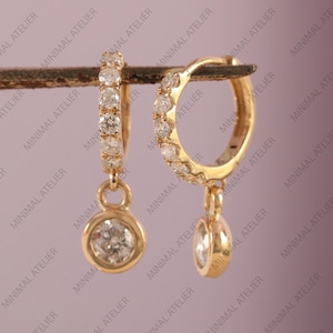 Diamond Dangle Drop Hoop Earring, 14k Yellow Gold Earring, Lab Grown Diamond Bezel Set Earring, Moissanite Hoop Earring, MinimalAtelier