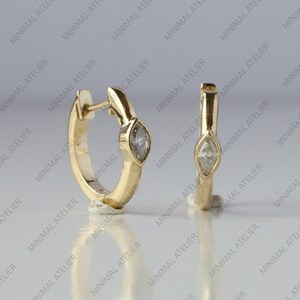 Solitaire Marquise Lab Grown Diamond Hoops Earring, Tiny Hoops, 14k Yellow Gold Bezel Set Hoops Earring, Handmade Fine Jewelry, Gift For Her