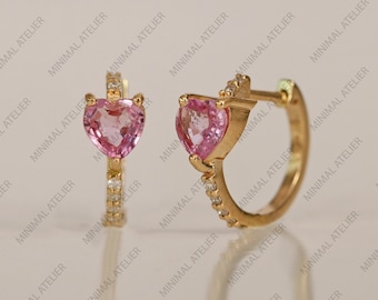 Heart Pink Sapphire With Lab Grown Diamond Hoop Earring, 14k Yellow Gold Mini Hoops, Moissanite Hoops, Gift For Her, Wedding Earring,