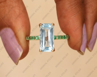 Emerald Cut Aquamarine Engagement Ring, 14k Yellow Gold Ring, Emerald Wedding Ring, Statement Ring, Minimalist Jewelry, Gift For Her