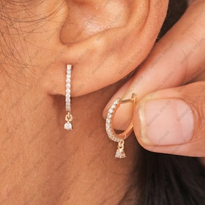 Orecchini a cerchio con diamanti creati in laboratorio, orecchini a cerchio pendenti in oro giallo massiccio 14k, gioielli minimalisti, orecchini pendenti delicati da regalare