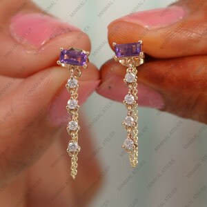 Baguette Amethyst Drop Chain Wrap Earring, 14K Yellow Gold Studs, Lab grown Diamond Wedding Earring, Moissanite Dangling  Chain Earrings
