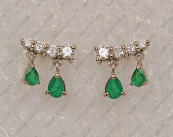 Pear Cut Emerald Dangle Earring, Solid 14k Yellow Gold Earring Lab Grown Diamond Mini Climber Studs, Moissanite Earring, Minimalist Jewelry