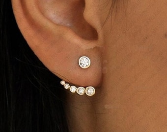 Lab grown diamond ear jacket/ Solid 14k gold earrings/ Detachable stud and ear jacket earring/ diamonds bezel set ball tiny studs earring