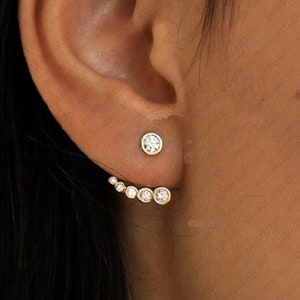 Lab grown diamond ear jacket/ Solid 14k gold earrings/ Detachable stud and ear jacket earring/ diamonds bezel set ball tiny studs earring