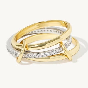 Lab Grown Diamond Stacker Gold Linked Spinner Ring,  925 Sterling Silver 14K Yellow Gold Handmade Spinner Three Band Ring, Gift For Her