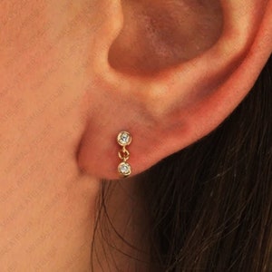 2.5mm Double Lab grown Diamond Twine Tiny Studs, Solid 14k Gold Moissanite Piercing Cartilage Earring, for Ladies, Dangle Drop Earrings,