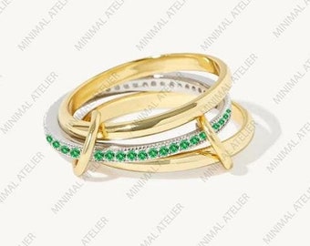 Emerald Connected Stacker Gold Linked Spinner Ring, Handmade 14K Yellow Gold Spinner Ring, Anniversary Ring, Minimalist Three Band Ring