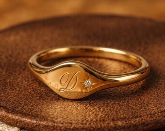 Personalized Initial Ring | Custom Letter Ring | Moissanite Signet Ring | 14K Gold Dainty Ring | 925 Stamped | Gift For Her
