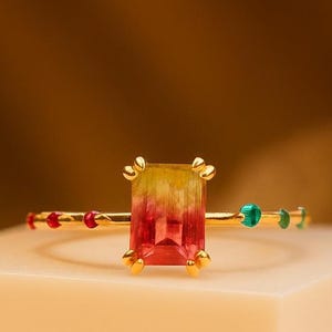 Watermelon Tourmaline Emerald Cut Engagement 14K Gold Ruby and Emerald Art Deco Band Ring, Prong Set Wedding Band Ring, Minimalist Jewelry