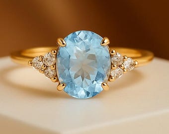 March Birthstone Ring, Aquamarine Unique Ring, Solid 14k Gold Engagement Ring, Trio Lab Grown Diamond Ring, Oval Aquamarine Wedding Ring,