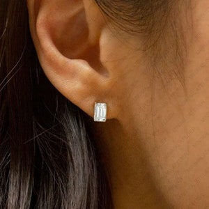 Emerald Cut Diamond Solitaire Studs Earring, Moissanite Prong Set Dainty Studs, Birthday & Anniversary Gift, For Cartilage, Earlobe, Helix
