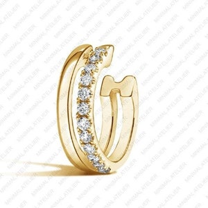 Aretes tipo brazalete doble de diamantes cultivados en laboratorio de 0,16 ct. Delicados aretes de oro amarillo macizo de 14 k con moissanita de eternidad completa (precio por unidad).
