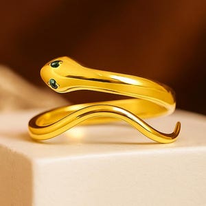 Emerald Spiral Open Band Serpent Snake Ring, Serpent Wrapped Ring For Snake Lover, Minimalist Fine Jewelry For Gift, May Birthstone Ring