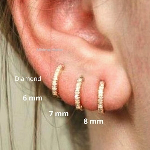 14k Solid Gold, 0.18ct Micro Pave Lab grown Diamond Huggies, Tiny Hoop Earring, Moissanite 8mm/7mm/6mm Hoop, Handmade Fine Jewelry.