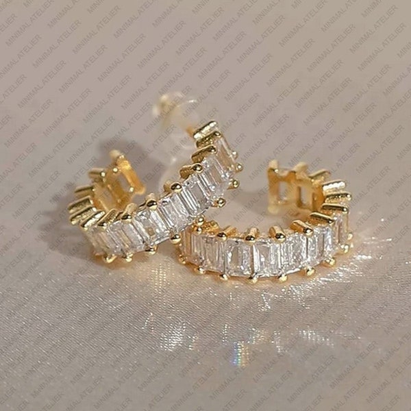 Baguette Lab grown Diamond Statement Small Hoop Earrings, Solid 14k Yellow Gold Dainty Moissanite Half Huggie for Cartilage, Earlobe