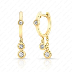 Small Lab Grown Diamond Dangling Hoops, Tiny Huggies Earrings, Two Diamond Drop Solid 14k Yellow Gold For Cartilage