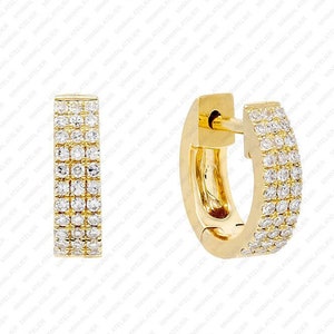 Trzyrzędowe kolczyki Huggies z diamentami hodowanymi w laboratorium, solidne 14-karatowe złoto, małe kolczyki Moissanite Pave Hoop, ręcznie robiona biżuteria, dla kobiet,