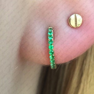 0.09ct Emerald Hoop Earrings,,Solid 14k Gold Emerald Gemstone Eternity Charm Hoop For Cartilage ,Conch ,Tragus, Minimal Hoop Earring