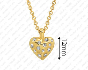 Mini Reversible Lab grown Diamond Gold Puffy Heart Necklace In Solid 14k Yellow Gold Moissanite Heart With Chain Link Necklace For Xmas Day