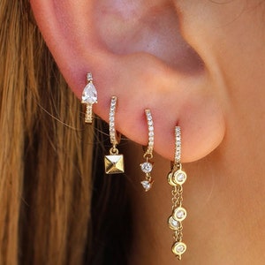 0.13ct Lab grown Diamond Dangle Drop Chain Hoops Earring, Choker Design 14k Yellow Gold Earring, Wedding & Anniversary Gift For  Bridal