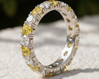 Lab Yellow Sapphire Eternity Band, Alternating Moissanite Ring, Unisex Lab Diamond Wedding Band, September Birthstone Stacking Ring