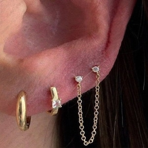 Lab Grown Diamond Chain Piercing, Cartilage Chain Piercing, Dainty Stud Chain Earring, Linked Chain Stud Earring, Double Lobe Helix Earring,