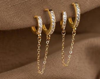 Lab Grown Diamond Double Hoop Earrings, Gold Connected Chain Hoops, Two Hole Piercing Jewelry, Huggie Drop Earrings, Anniversary Gift