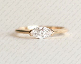 Marquise Wedding Ring, 0.5ct Lab Grown Diamond Engagement Ring, Solitaire Moissanite Ring, Solid 14K Gold Ring, East To West Ring,