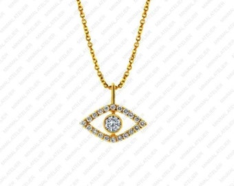 Evil Eye Design Pendant Necklace, 2.5mm Lab grown Diamond Halo Pendant, 14k Solid Gold Marquise Shape Pendant, Moissanite Pendant,For Girls