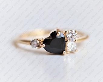 Heart Shape Black Onyx Engagement Ring, Anniversary Gift,14k Solid Gold Moissanite Ring, Cluster Ring, Lab Grown Diamond Wedding Ring