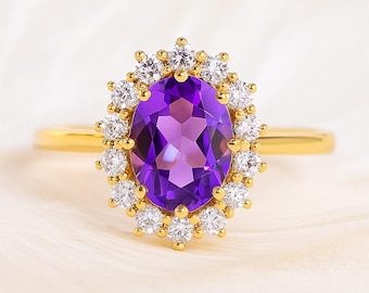 Oval Amethyst Halo Ring, Vintage Inspired Engagement Ring, 14k Gold Purple Gemstone Ring, February Birthstone Jewelry, Anniversary Gift