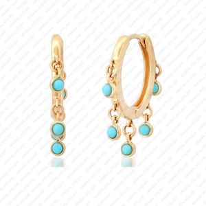 Turquoise Drop Hoop Earrings, Solid 14k Yellow Gold Gemstone Hoops, Birthday Gift, Turquoise Stone Dangle Hoops, Minimalist Handmade Jewelry