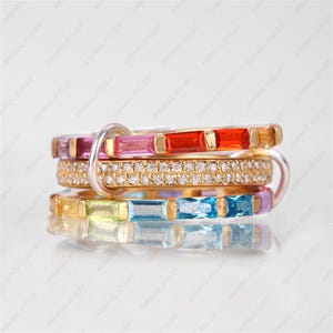 Multi Sapphire & Diamond Triple Band Ring, Full Eternity Connected Spinner Ring, Baguette Sapphire 3 stack Ring, Party Wear Ring For Her