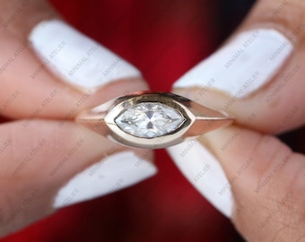 1 Ct Marquise Moissanite Lab grown Diamond Bezel Wedding Ring, Solid 14k Yellow Gold Ring Women, Solitaire Ring for Gift Handmade Jewelry