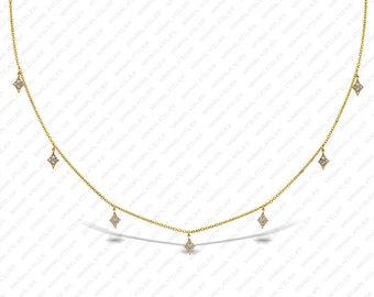 May include: A gold chain necklace with five diamond-shaped pendants. Each pendant is adorned with small, clear stones.