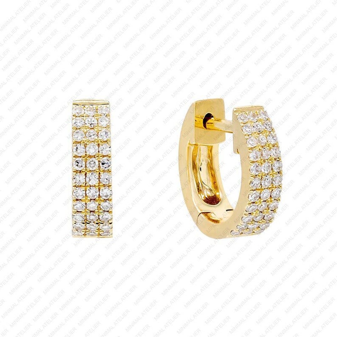 Three Row Lab Grown Diamonds Huggies Earrings Solid 14k Gold Etsy