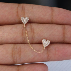 0,08 ct laboratoryjnie hodowane diamenty podwójne serce kolczyki solidne 14k żółte złoto wysadzane Moissanite serce połączone z łańcuszkiem kolczyki na płatek ucha