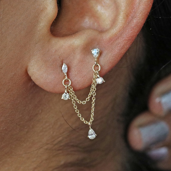 Double Piercing Earrings, Five Lab Grown Diamond Bridal Earring, Solid 14k  Gold, Double Chain Delicate Drop Helix Earring, (Single Piece)
