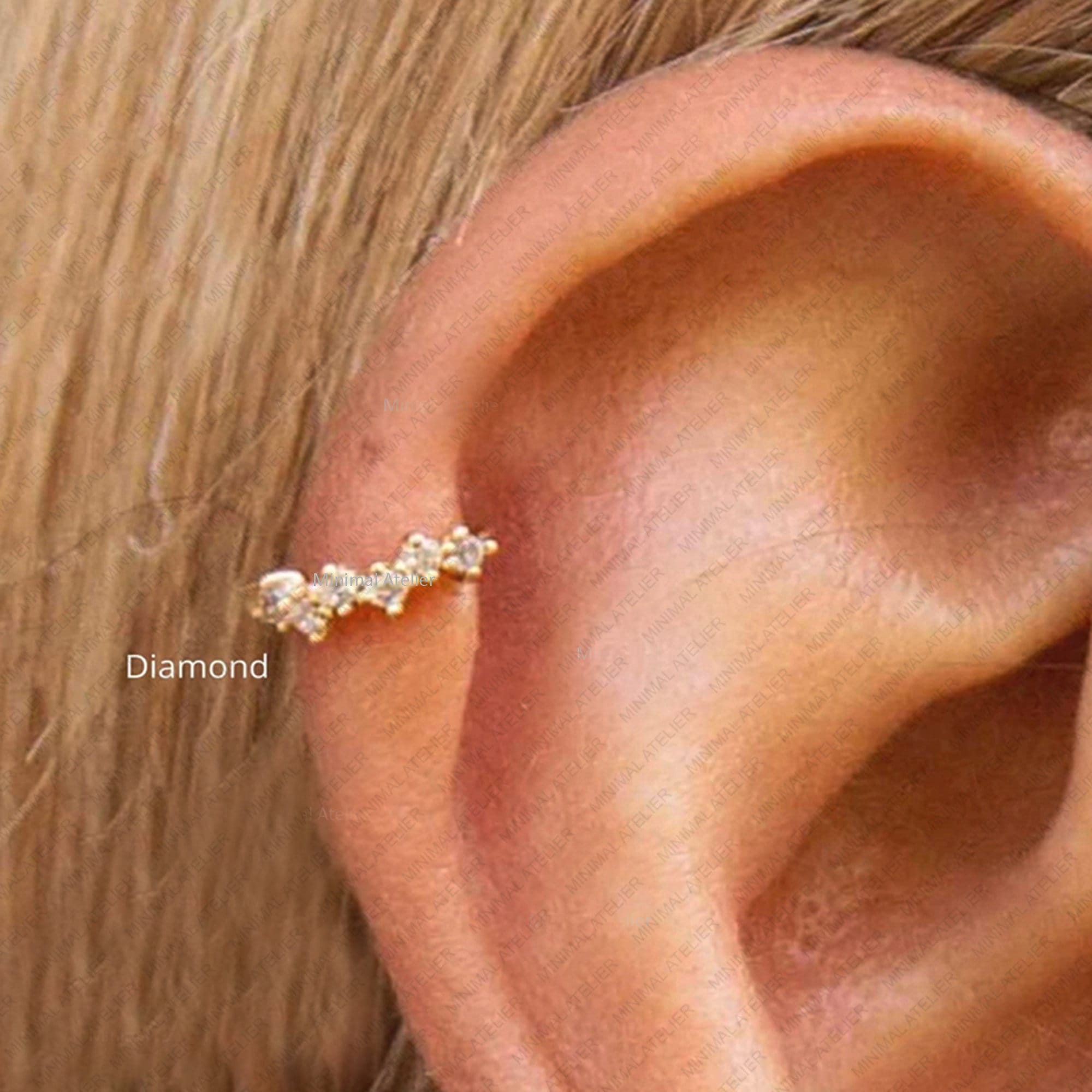 Diamond Cuff Earring, Zig Zag Diamond Huggie with Chain Drop