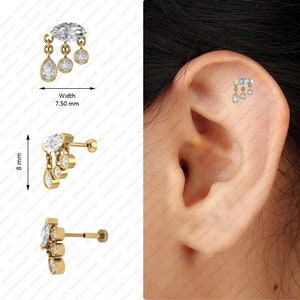 Marquise & Pear Lab Grown Diamond Earring, 3 Dangle Drop Studs Earring,  Solid 14k Gold For Wedding Gift, Dainty Tiny Helix Earring,