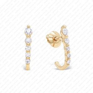 0.41ct Lab grown Diamond Graduated J Shape Earring, Solid 14k Gold Five Prong Setting Moissanite Half Hoop For Party Wear Handmade Jewelry