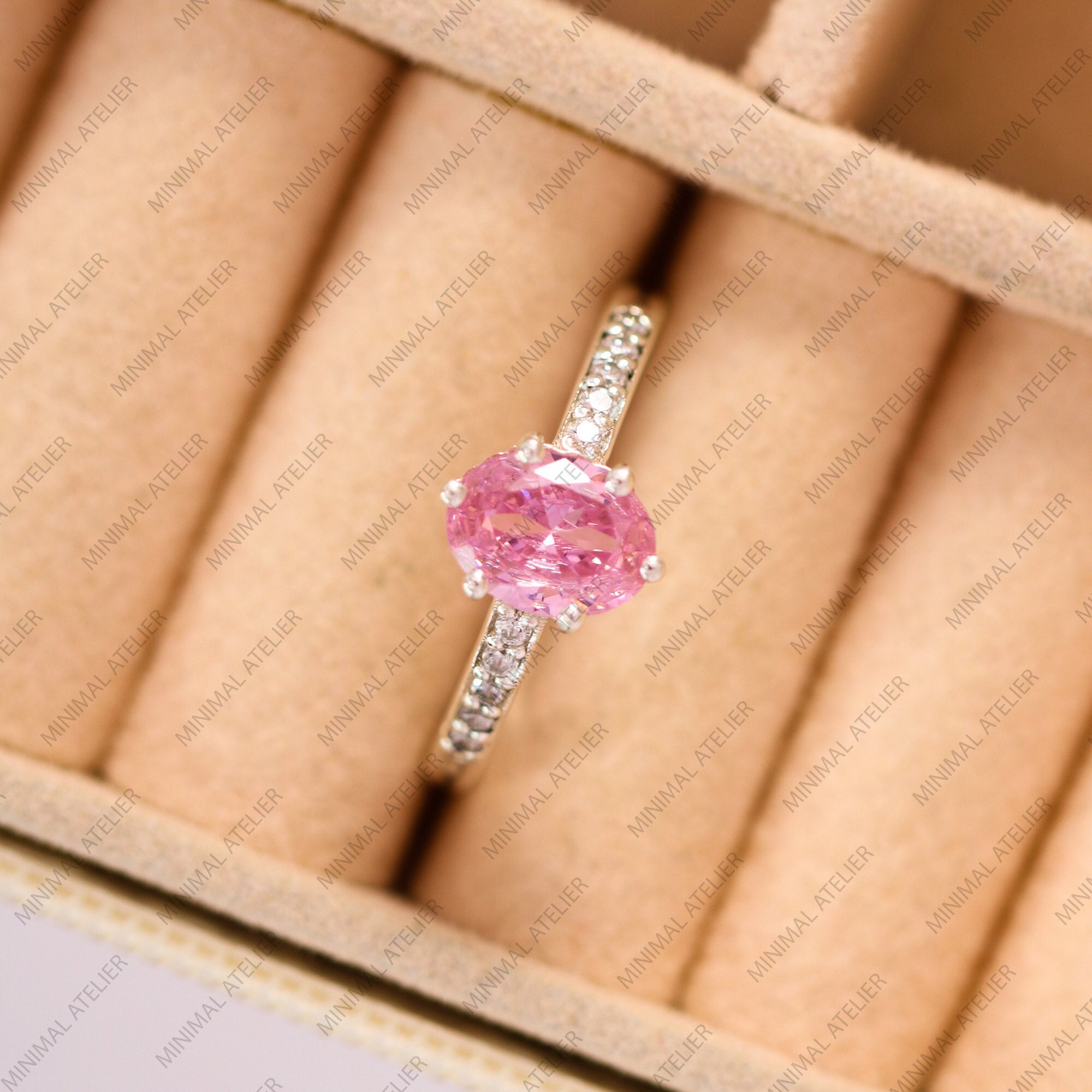 Oval Cut Pink Sapphire Wedding Ring, 925 Sterling Silver Ring, Lab Grown Diamond Bridal Ring, Moissanite Proposal Ring,  Daughter's Day