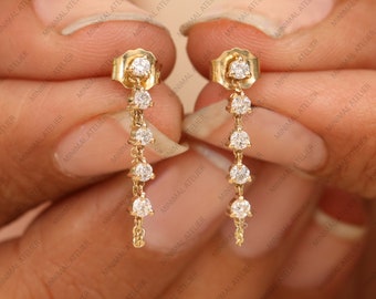 Solid 14k yellow gold chain earring/ Lab grown diamonds connected wrap chain studs/ Moissanite delicate earring.
