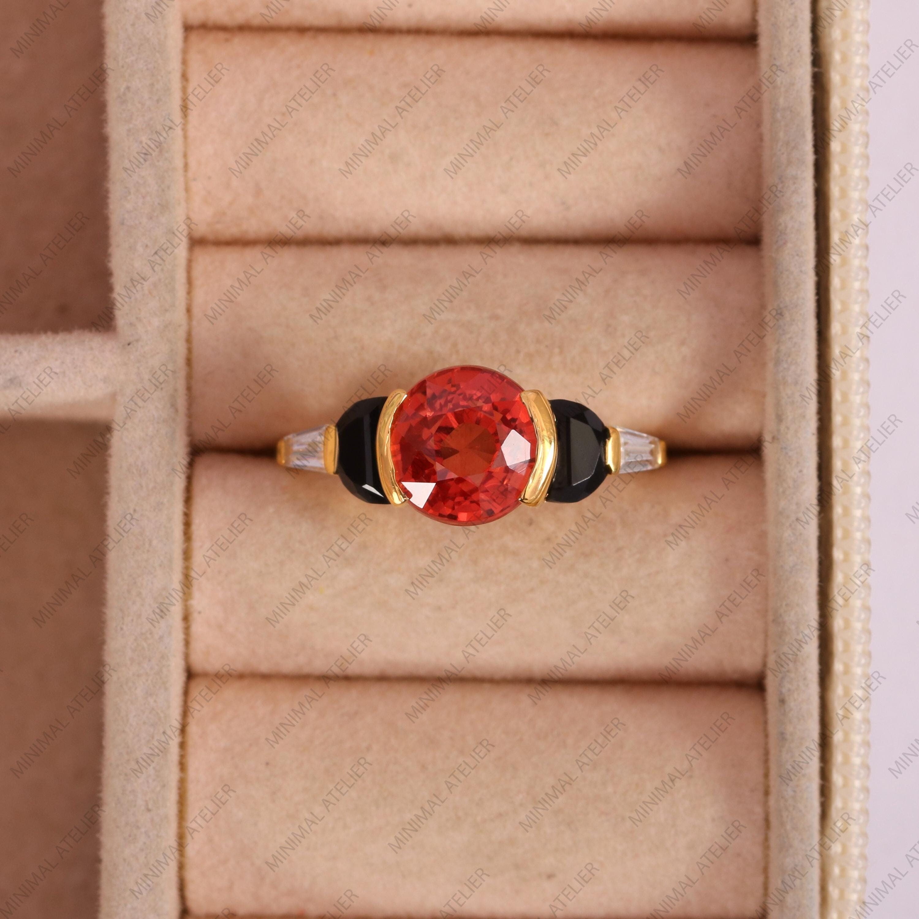 Orange Sapphire Unique Engagement Ring, D Shape Black Onyx Ring, Taper Baguette Moissanite Five Stone Ring, Art Deco Ring, Half Bezel Ring
