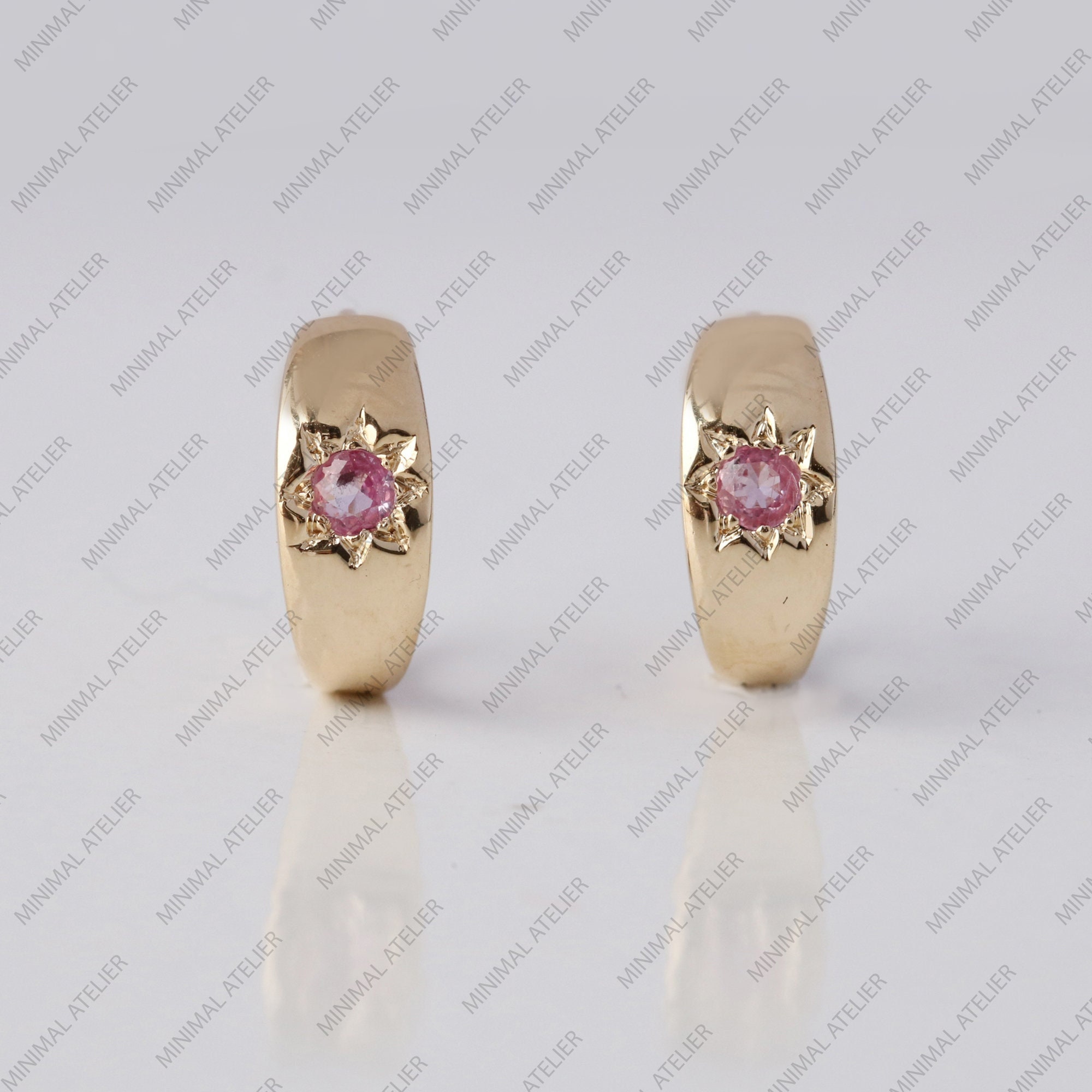 Rosa Saphir Stern Huggies Creolen Ohrring, Solide 14k Gelbgold Creolen Ohrring, Solitaire Creolen Minimalist Schmuck Jahrestag Geschenk für Sie