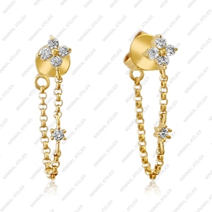 Labor gewachsene Diamant Klee Kette Schleife Ohrring, solide 14k Gelbgold Ohrring, Moissanit Tropfen Kette Ohrring, Minimalist Schmuck, Geschenk für sie